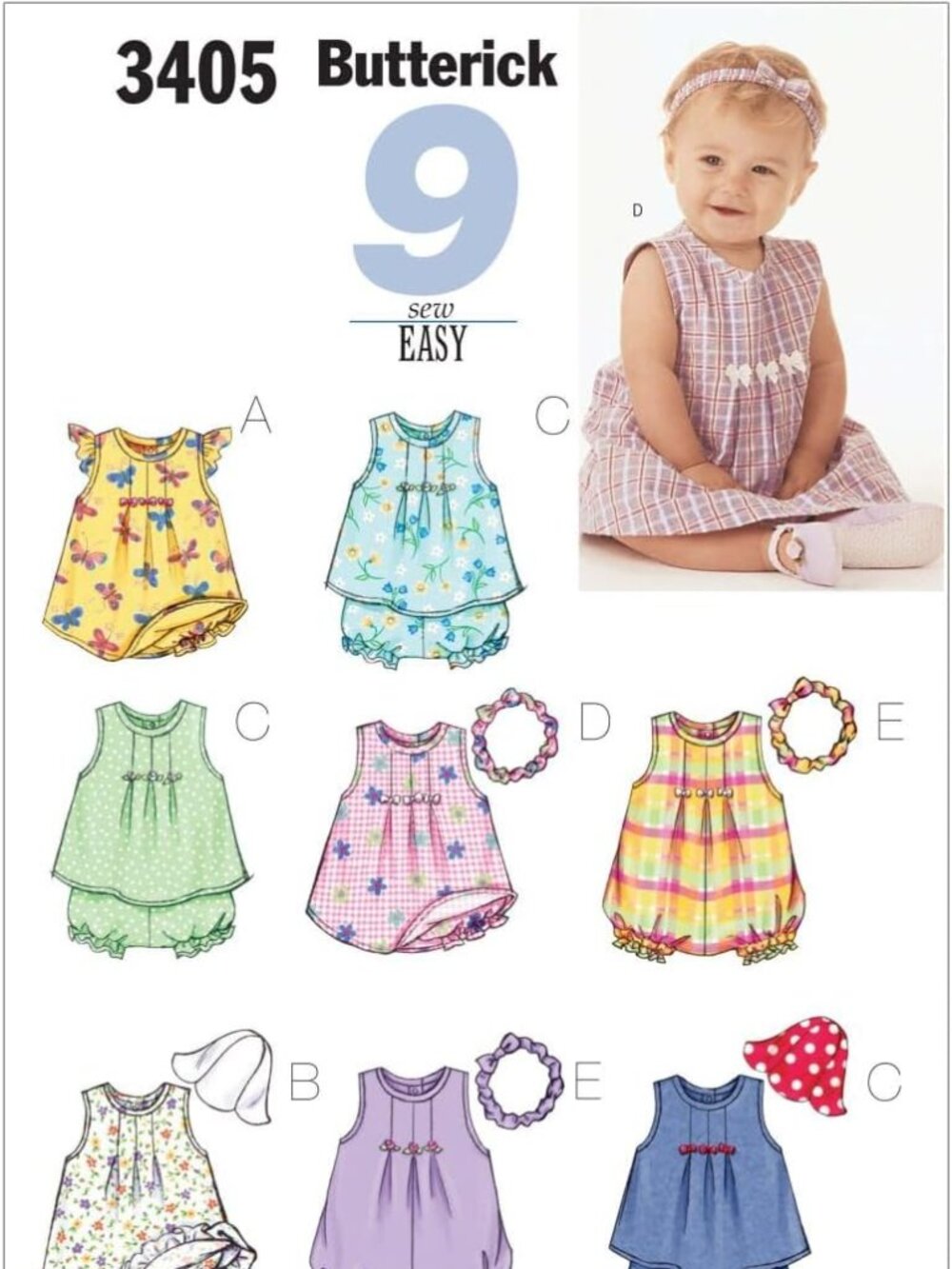 BUTTERICK PATTERNS B3405 Infants' Dress, Top, Romper, Panties, Hat & Headband, S